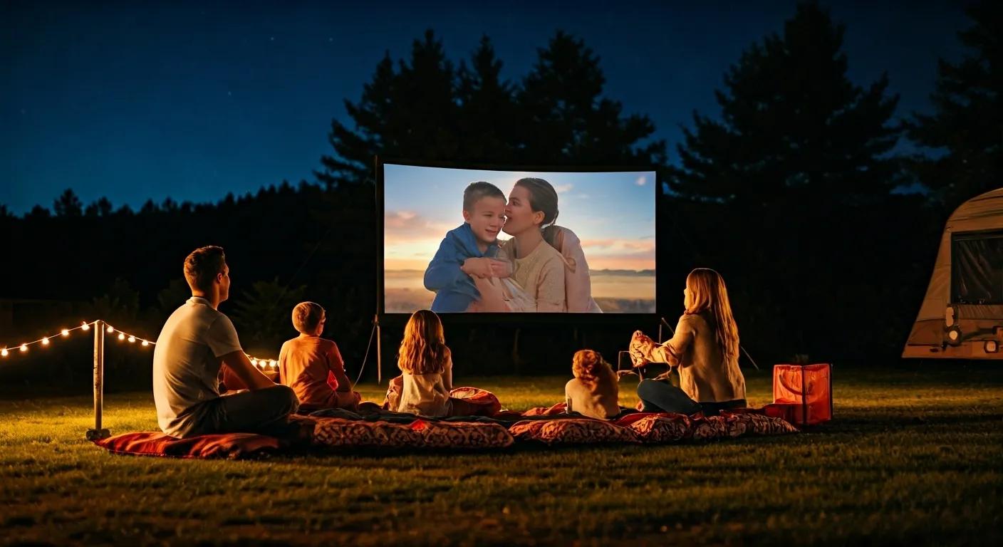Families enjoying an outdoor movie night at a campground