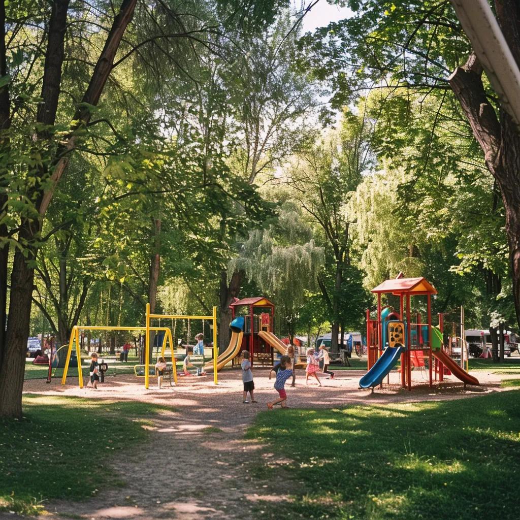Children playing at a campground playground with swings and climbing frames