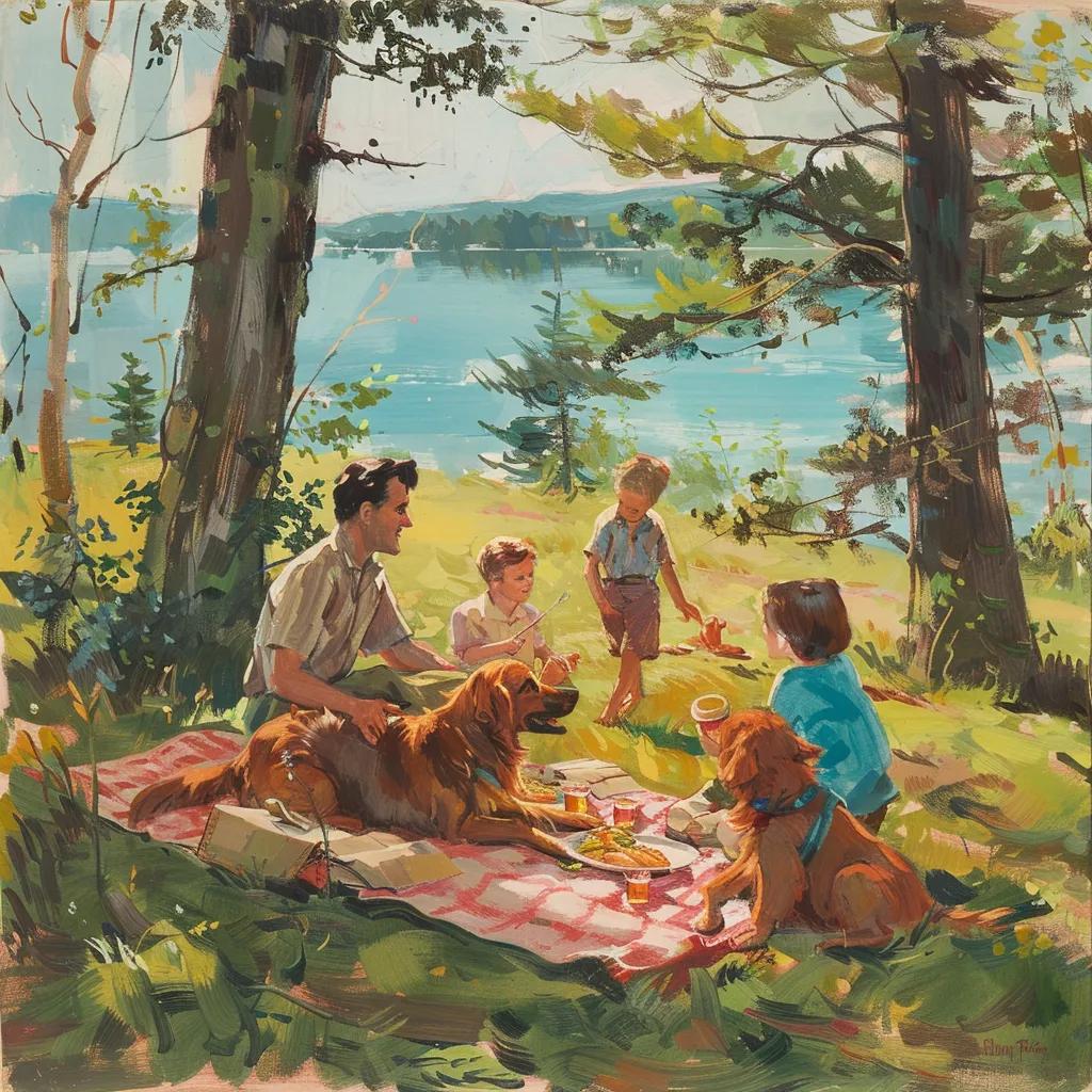 Family enjoying a picnic at a campground with their dog, highlighting pet-friendly activities