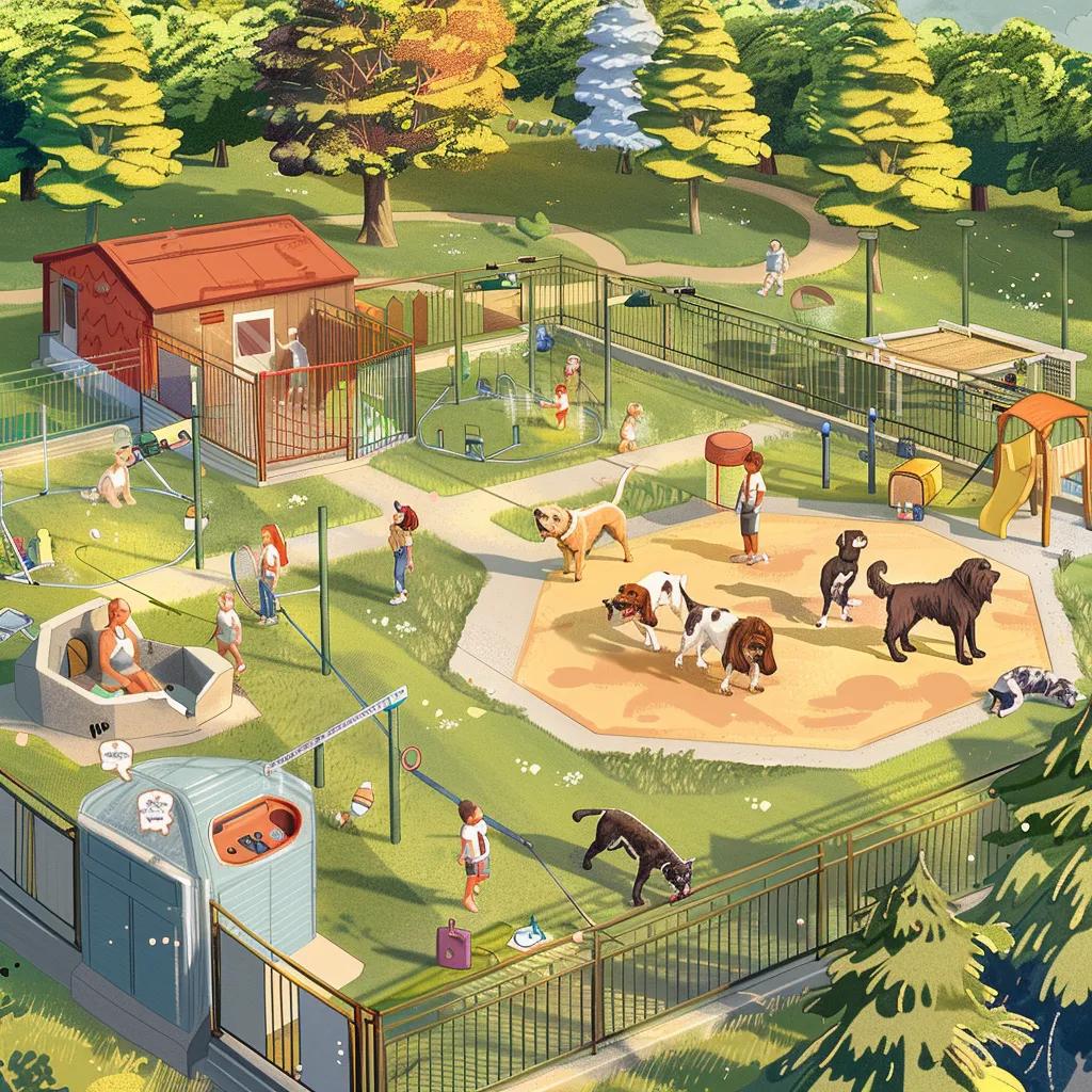 Fenced dog park at a family campground with pets playing and families enjoying the amenities