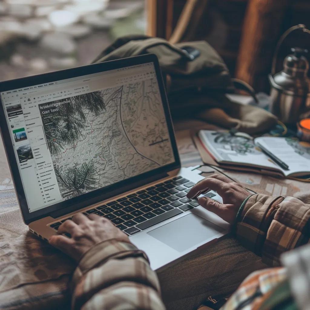 Person booking a campsite online using a laptop, showcasing the convenience of online reservations