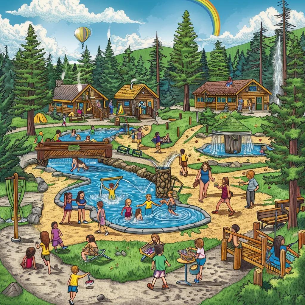 Children enjoying family-friendly amenities at a campground, including a splash pad and mini-golf