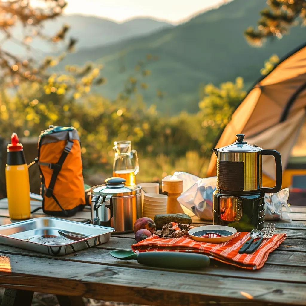 Camping gear checklist with essential items on a picnic table in a natural setting