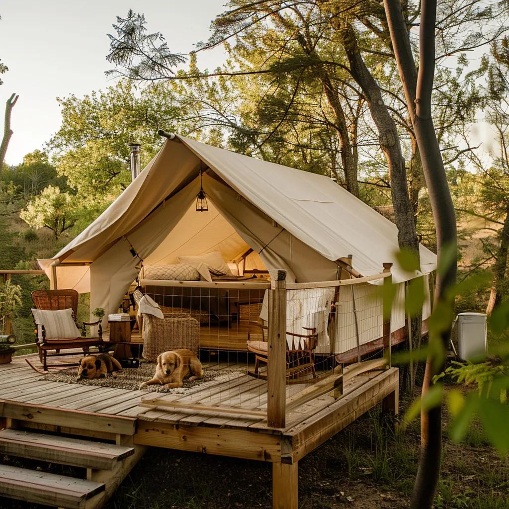 Luxury glamping tent with a dog on the deck in a scenic outdoor setting