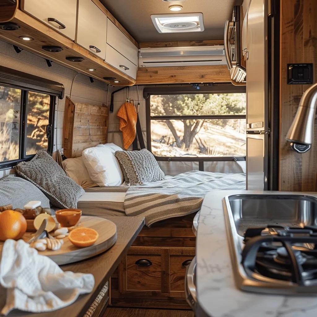 Interior view of a comfortable RV showcasing sleeping and kitchen amenities