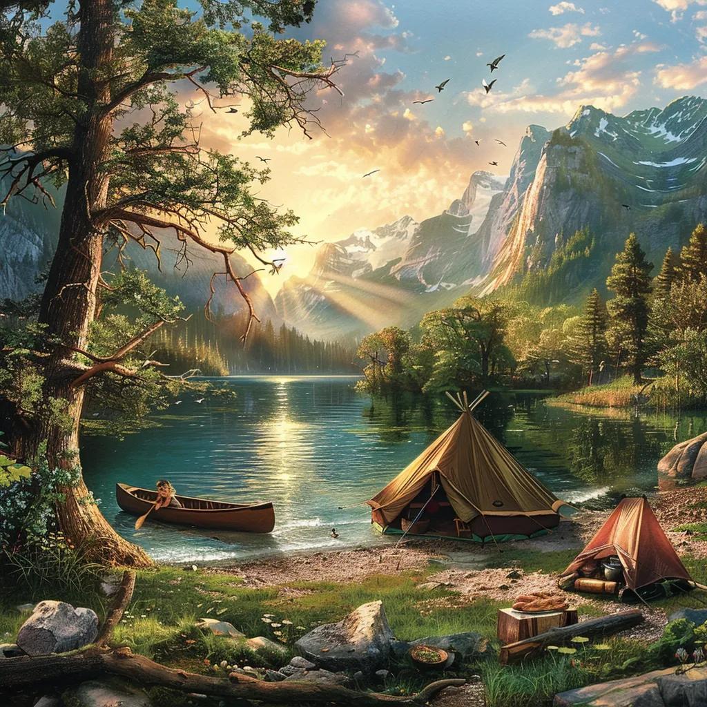 Lakeside camping scene with a tent, canoe, and family enjoying breakfast by the water