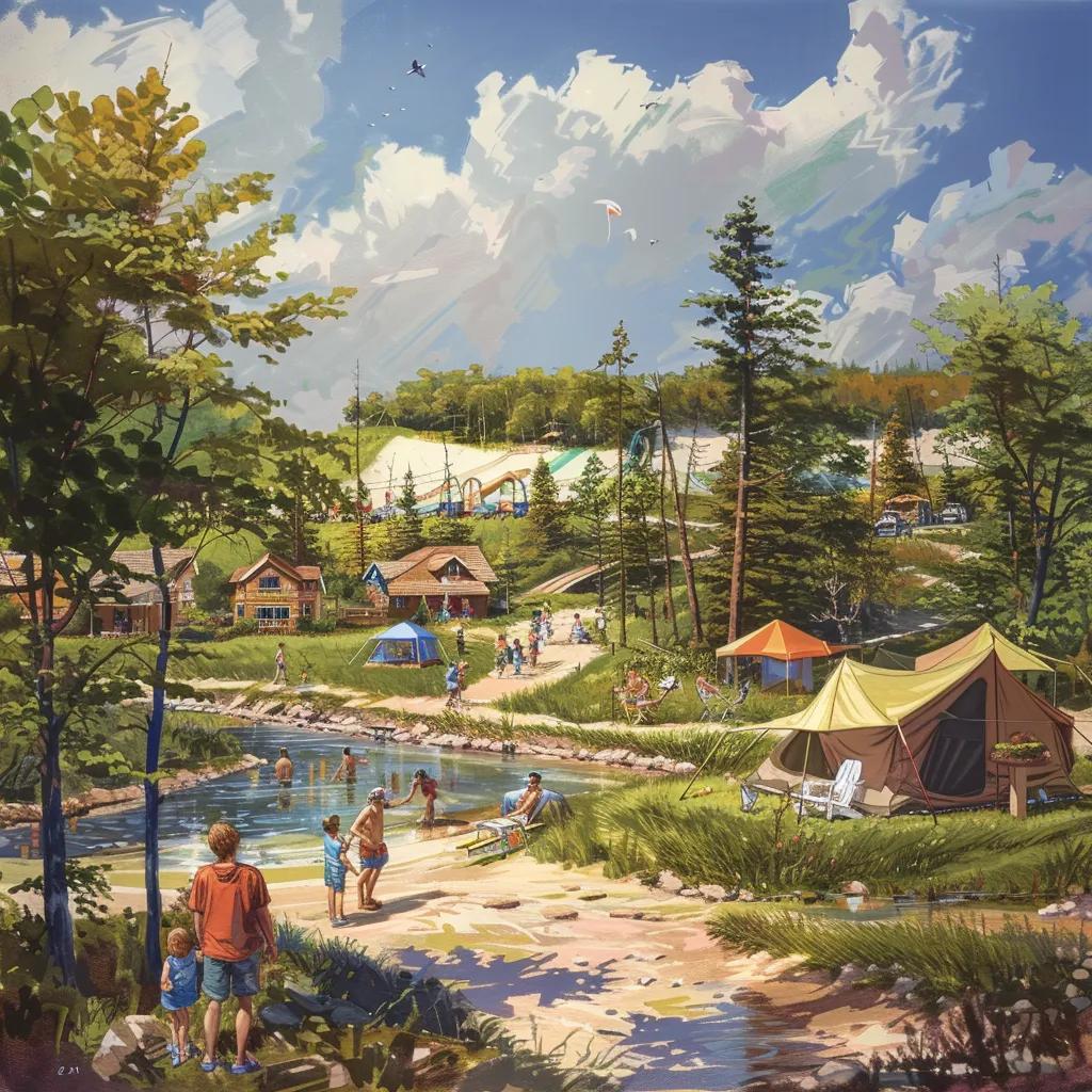 Family camping in Michigan with tents and children playing near attractions