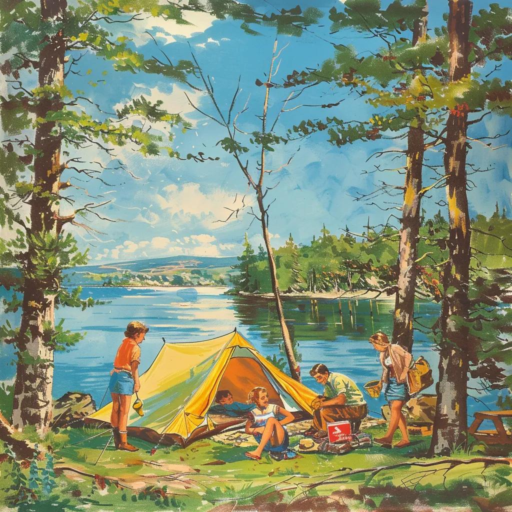 Family camping at a Michigan campground with a tent by the lake