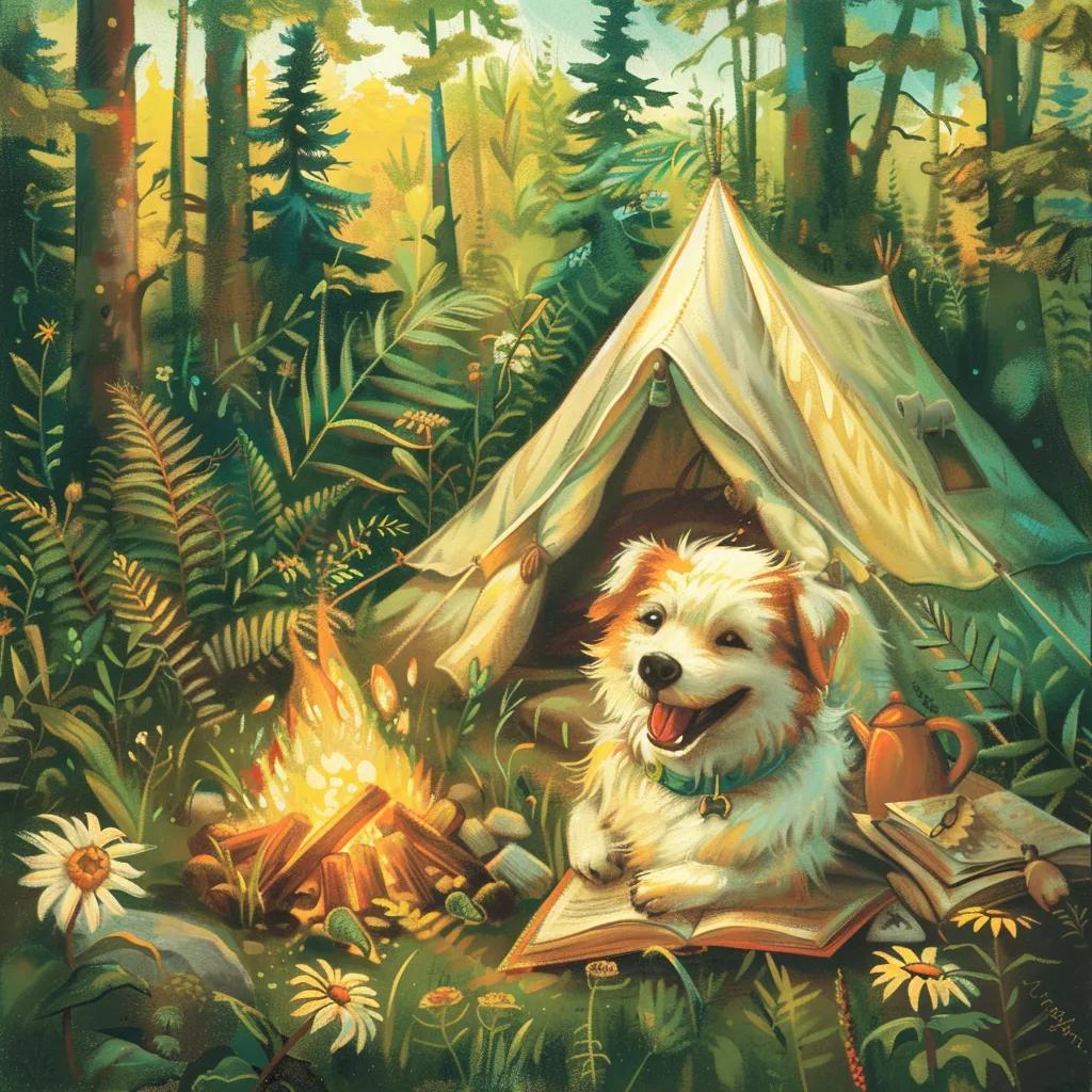 Happy dog playing at a pet-friendly campground with a cozy tent and campfire