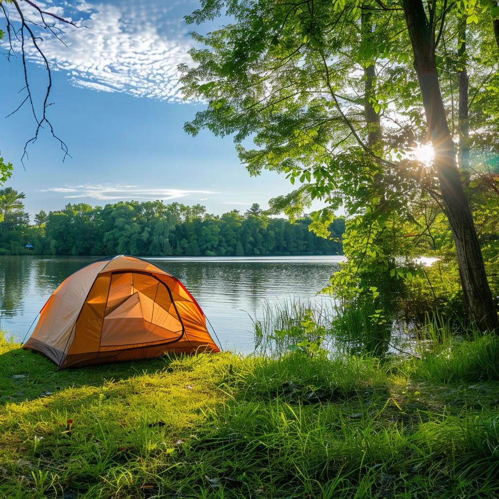 Scenic view of a tent by a lake in Michigan, representing the essence of tent camping