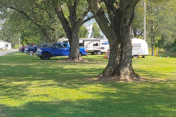 Grassy campsites at Ridge Ranch with a classic camper parked on one of the sites.