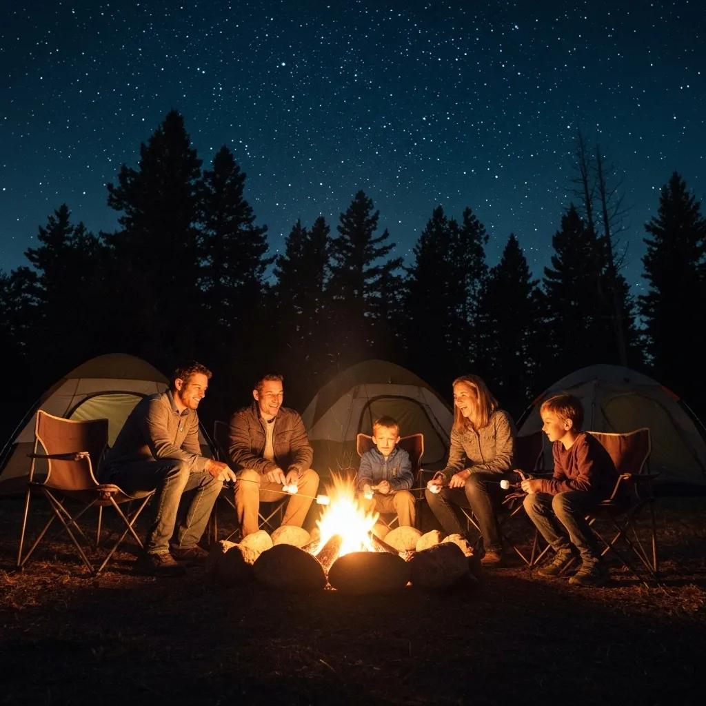 Family camping around a campfire under a starlit sky in Michigan