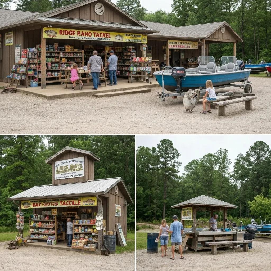 Fishing amenities at Ridge Ranch Campground, including a bait shop and boat launch