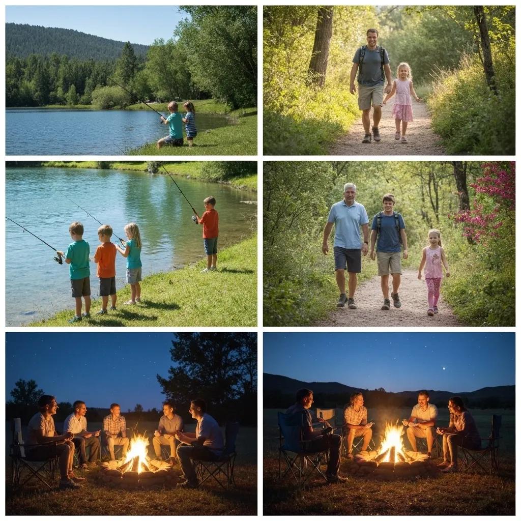 Families engaging in outdoor activities like fishing, hiking, and campfires near I-80 campgrounds