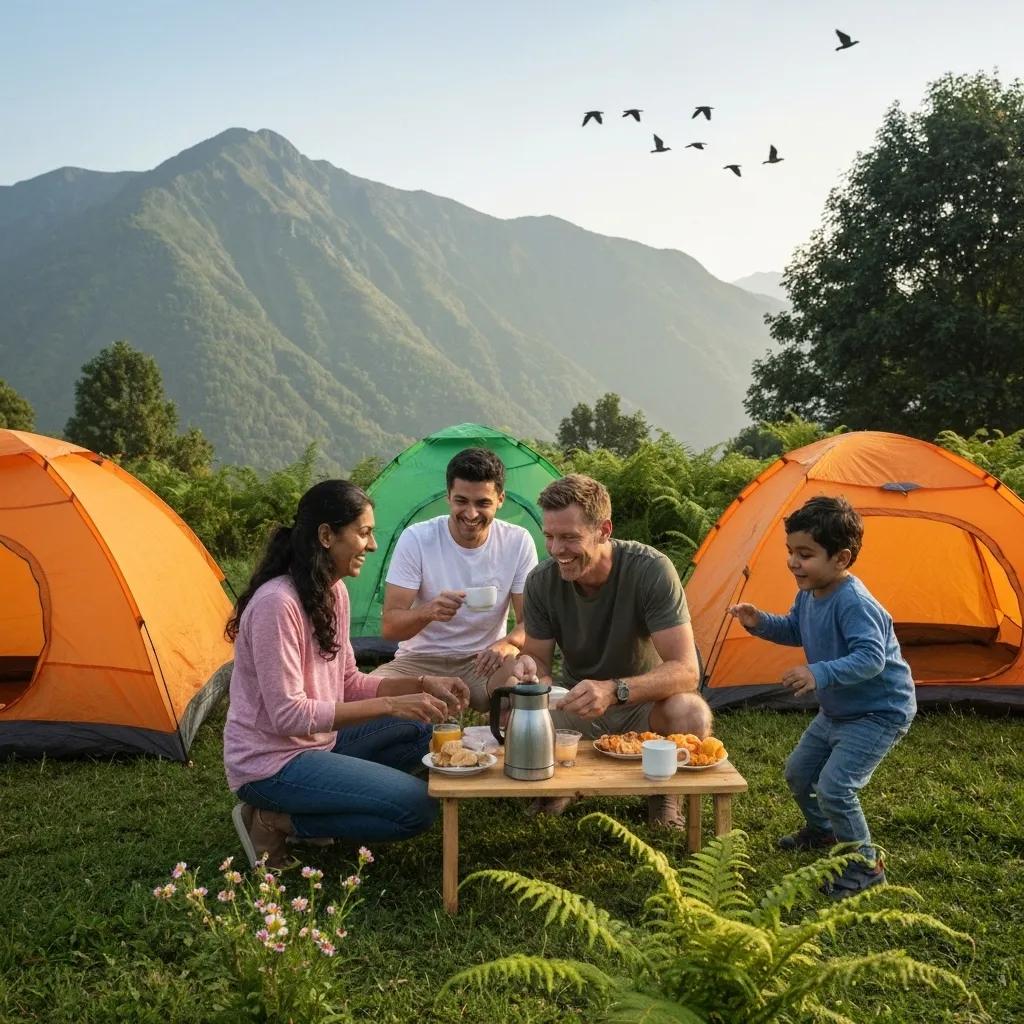 Family camping in a national park with children playing and parents preparing breakfast in a scenic outdoor setting