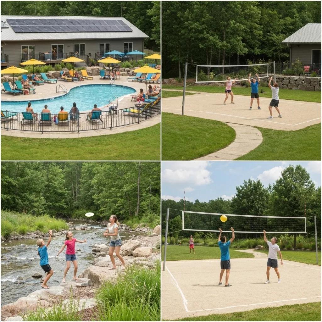 A collage showcasing diverse camping experiences at GatherGrounds Resorts in Michigan, featuring spacious RV sites, cozy cabins, and traditional tent camping setups.