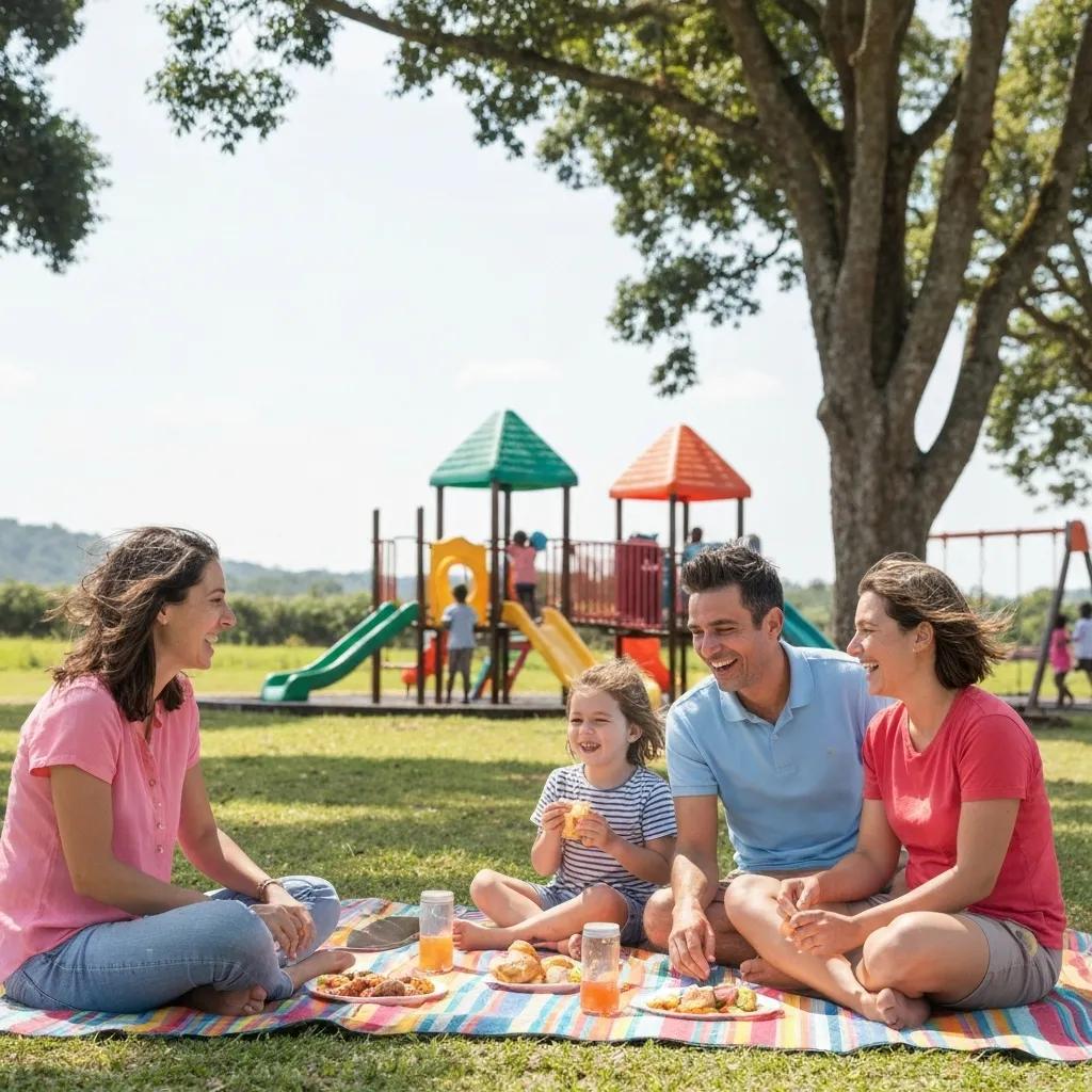 Families enjoying outdoor activities at GatherGrounds Resorts including playgrounds and campfires