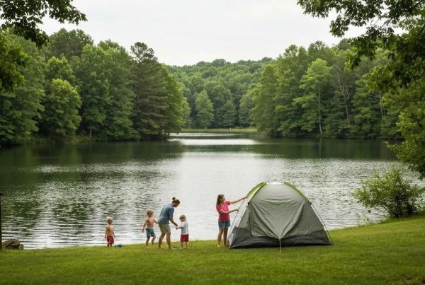 Family camping by a serene lake at Ridge Ranch Campground in Ohio