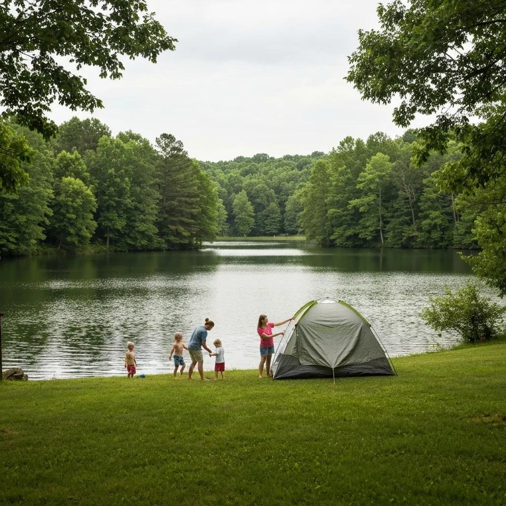 Family camping by a serene lake at Ridge Ranch Campground in Ohio