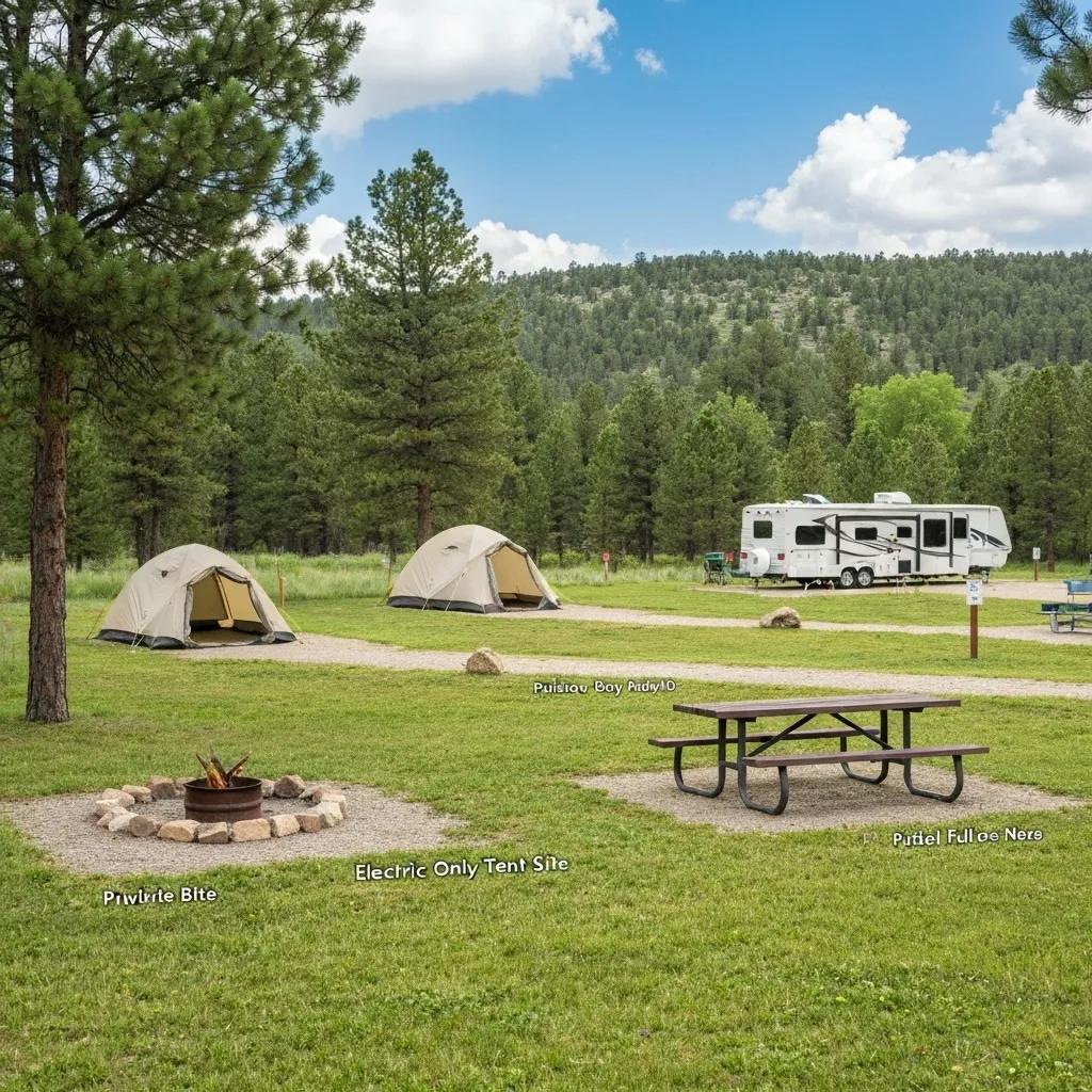 Various campsite choices at Ridge Ranch Campground, showing primitive, electric, and full-hookup sites