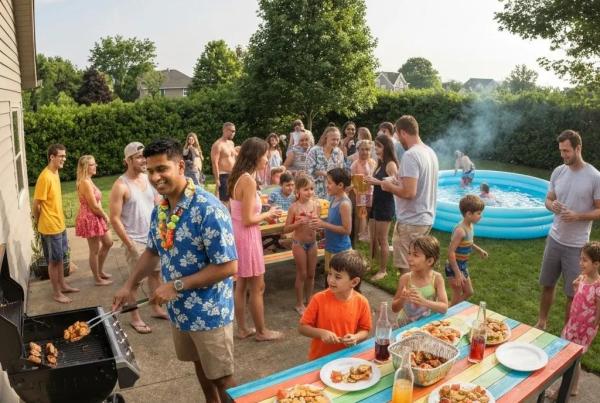 Family enjoying seasonal camping in Ohio with RV and outdoor setup