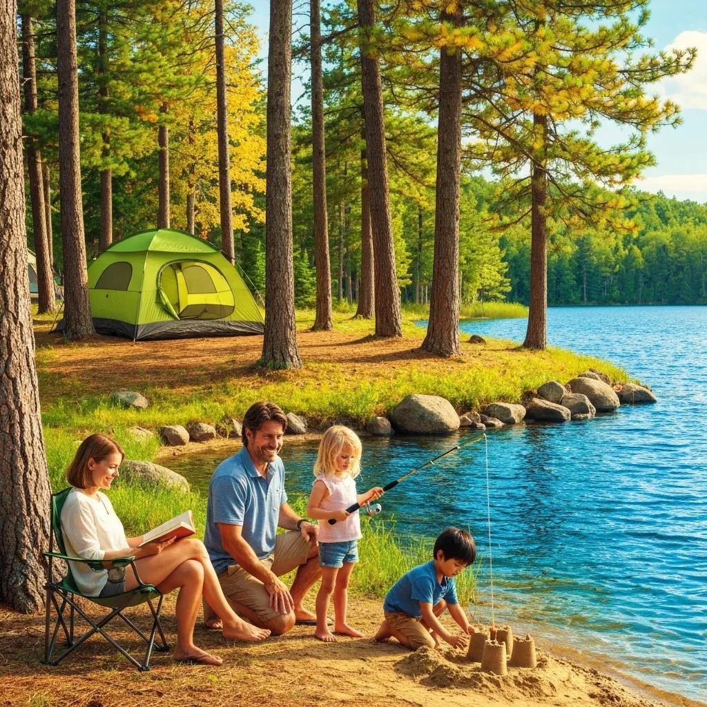 Family camping scene in Michigan with a tent, children playing, and scenic nature