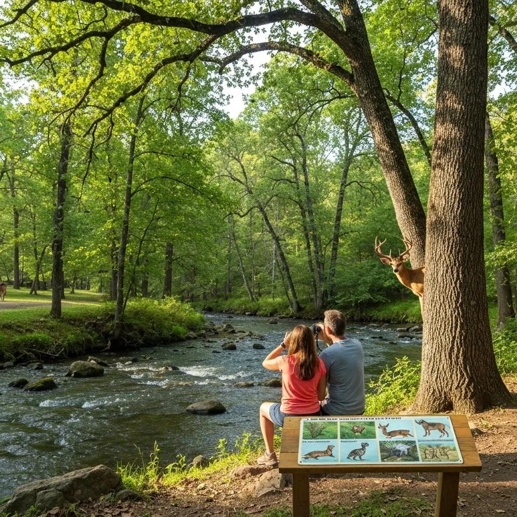 Family observing wildlife safely while hiking in a campground with educational signage