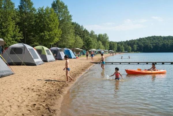 Lakefront campground with families enjoying water activities and sandy beach