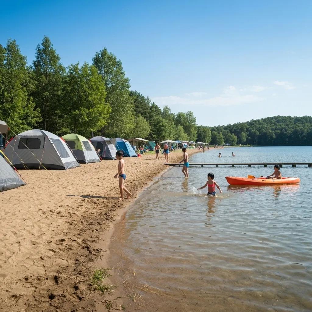 Lakefront campground with families enjoying water activities and sandy beach
