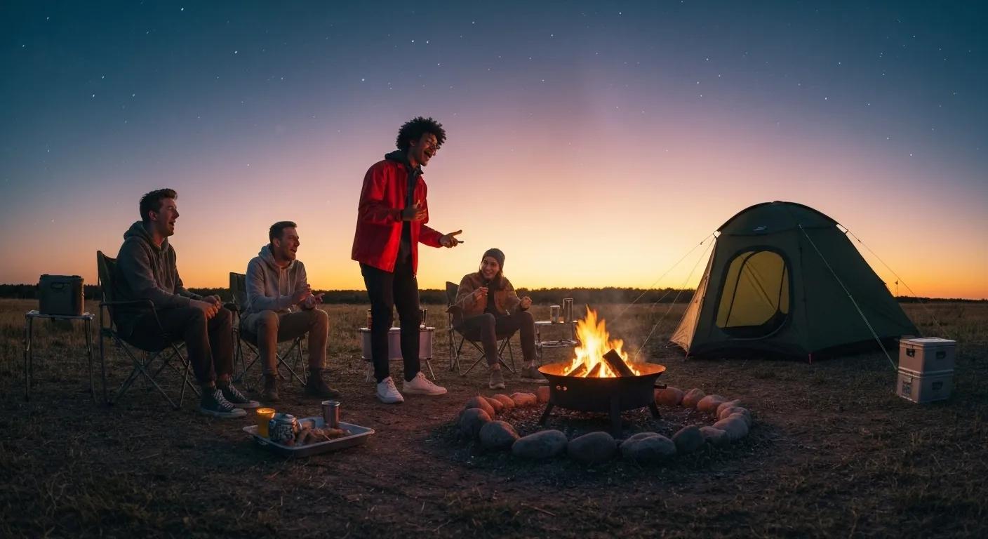 Family enjoying traditional camping with a campfire and tent under the stars