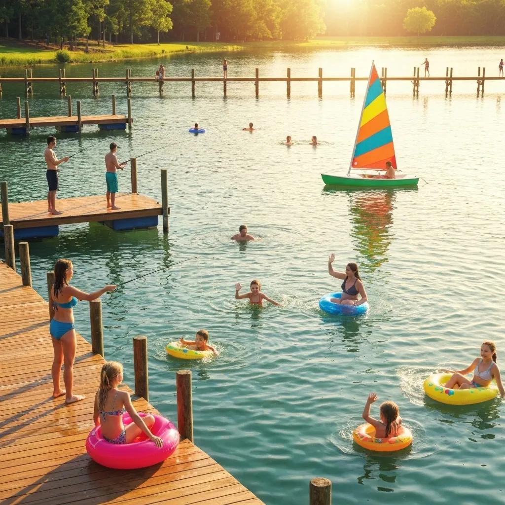 Families having a blast swimming, fishing, and boating at Ridge Ranch Campground's picturesque lake