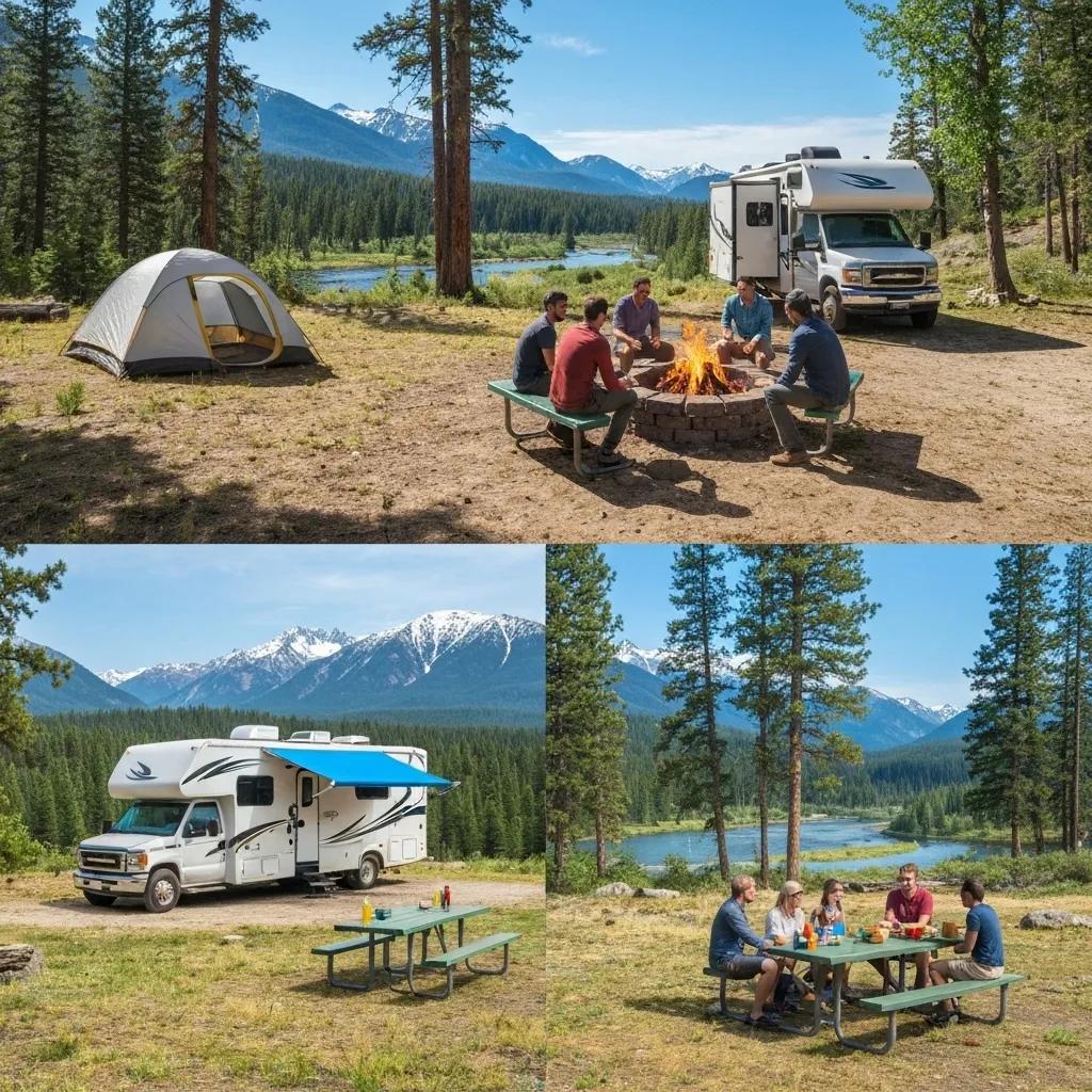 A variety of camping setups are shown, including a tent, an RV, and a group campsite area within a national park setting.