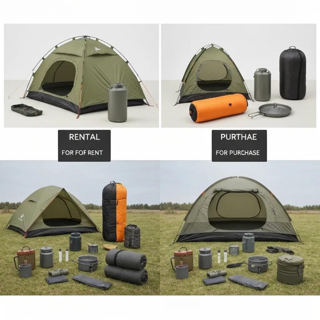 A visual comparison of camping gear rental costs versus purchase prices for essential items