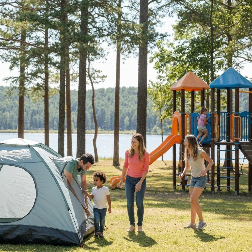 Family camping scene with children playing and parents setting up tents near a lake