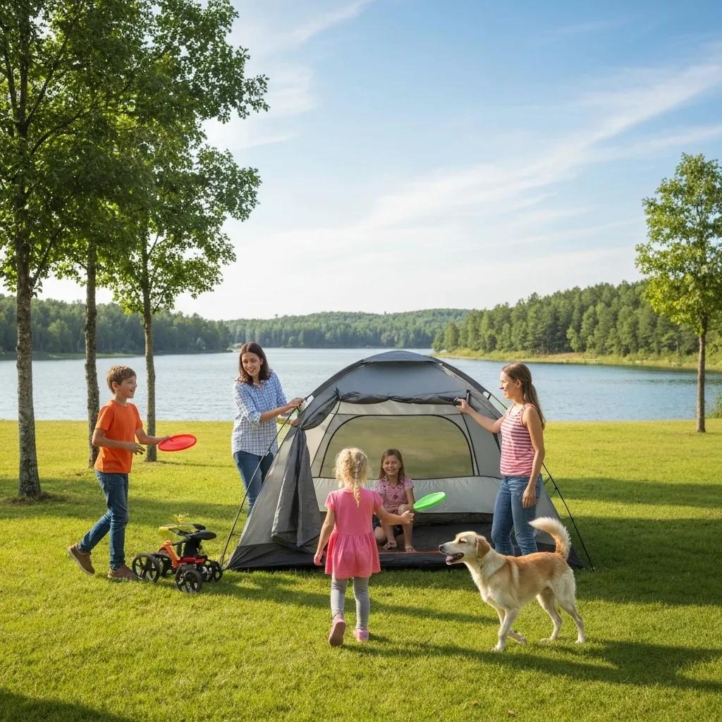 Family camping scene with children playing and a dog at a campground near a lake