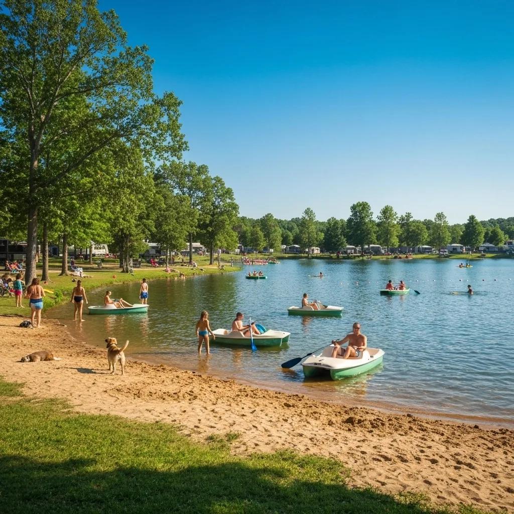 Families enjoying paddleboats and swimming at Ridge Ranch Campground's picturesque lake