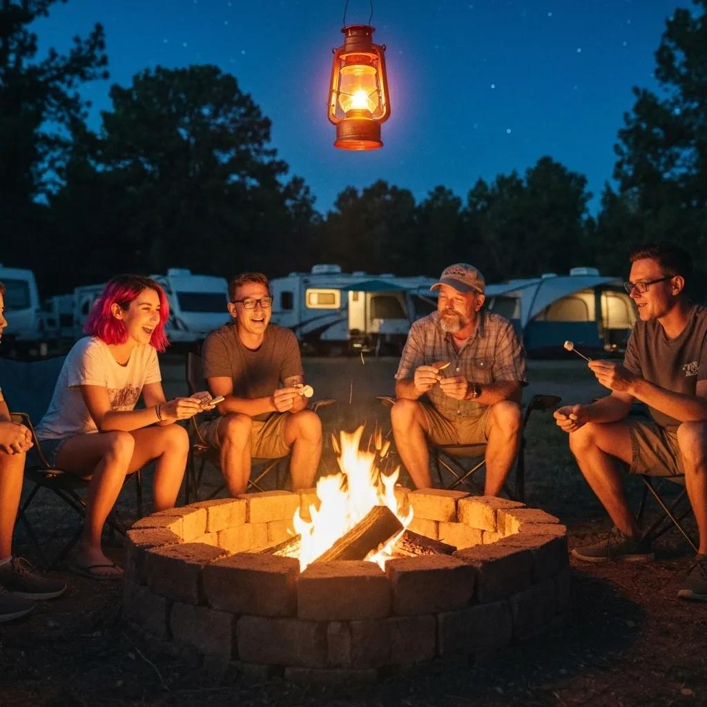 A group of campers gathered around a campfire at Ridge Ranch Campground, showcasing the benefits of group discounts and the enjoyment of outdoor activities together.