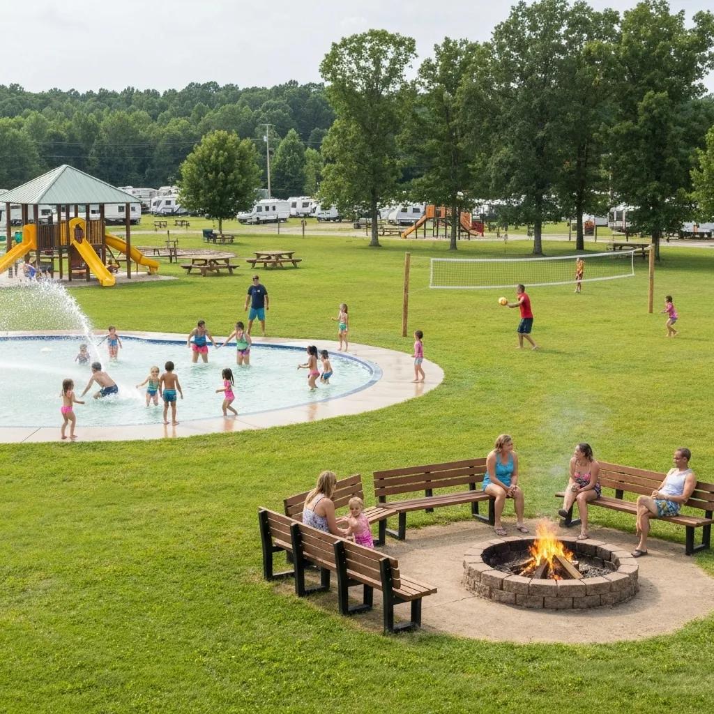 Families actively participating in various outdoor activities and entertainment events at a vibrant campground