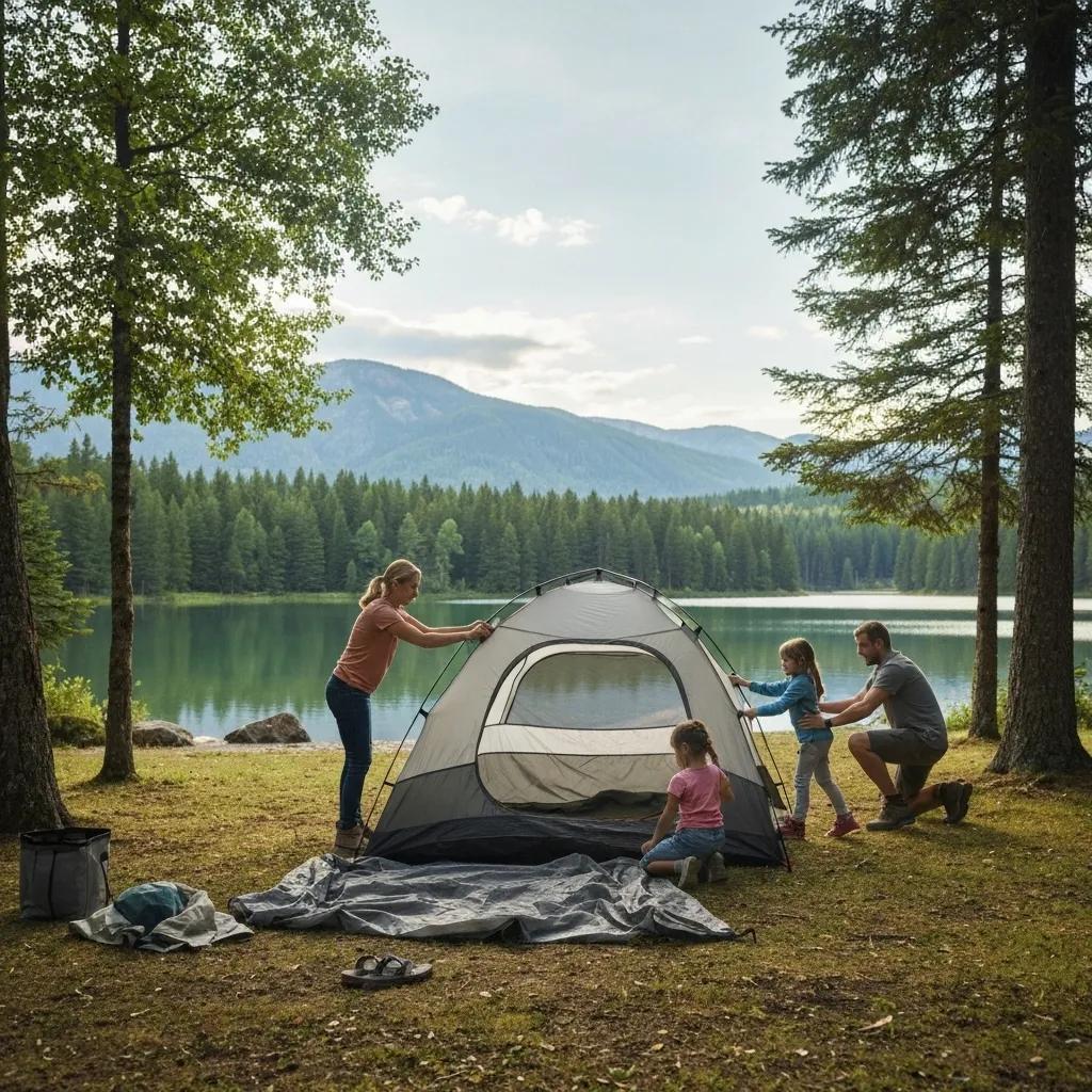 Family setting up a tent at a picturesque campsite by a lake
