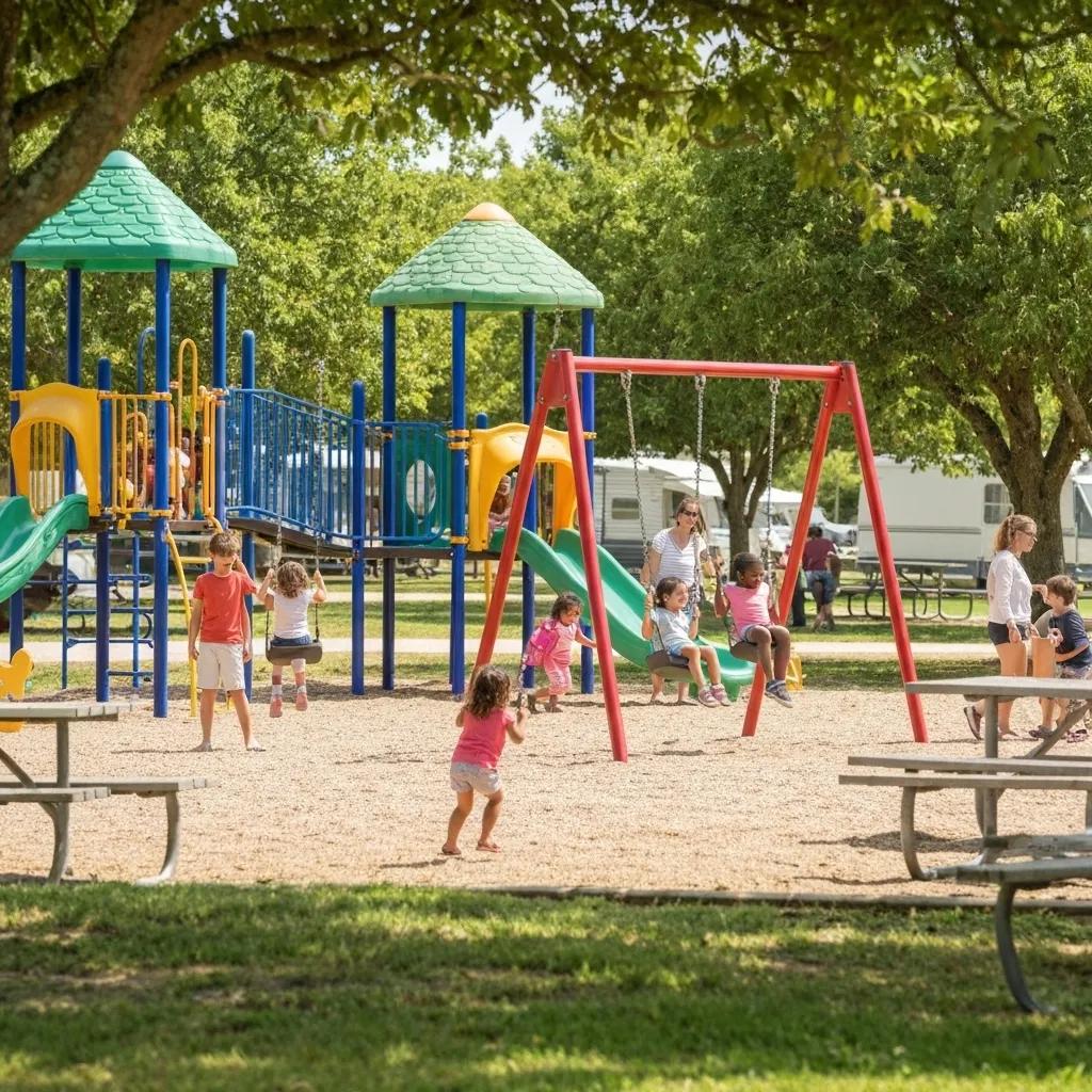 Children gleefully playing on a well-equipped playground at a family-friendly campground, showcasing essential amenities for fun