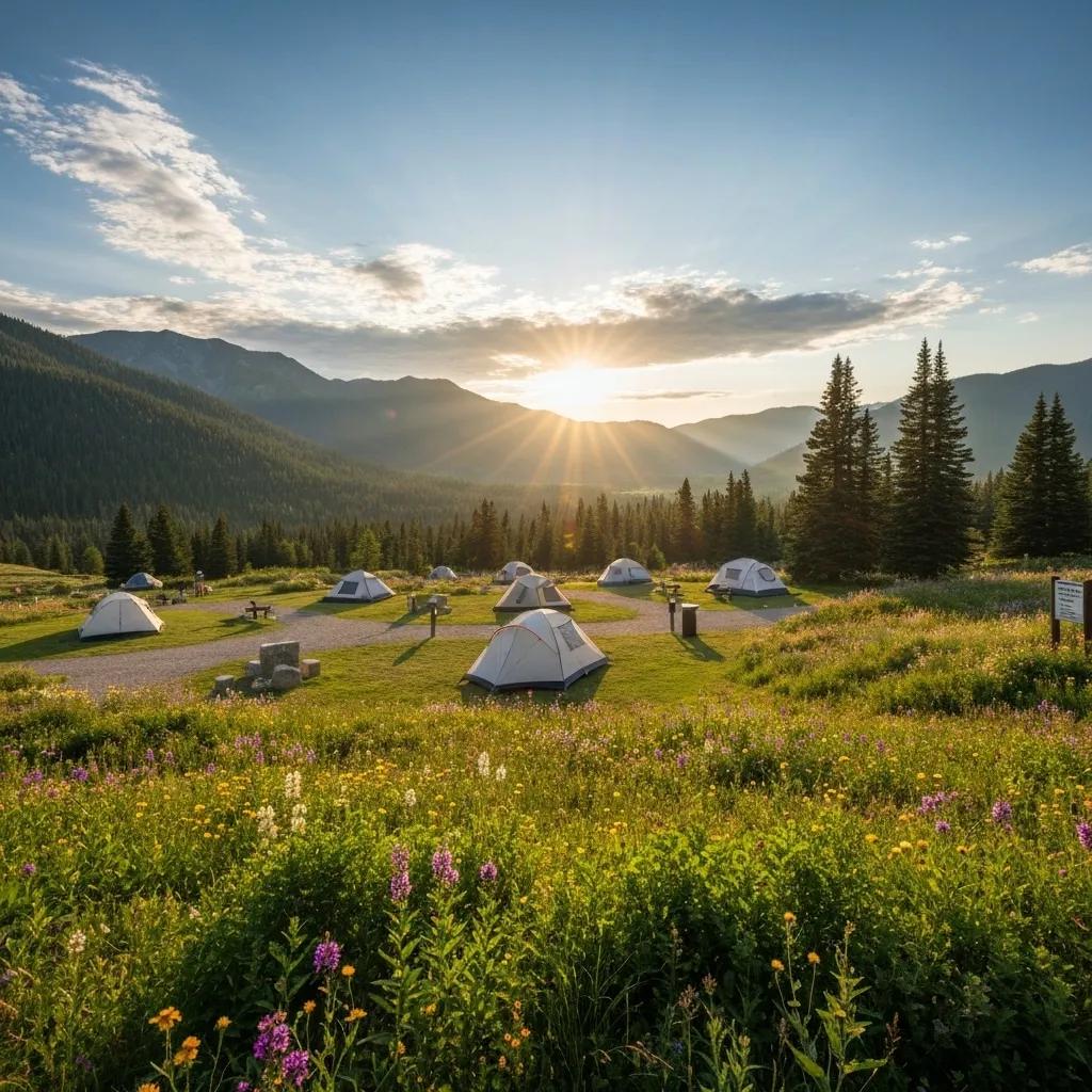 Scenic view of a national park campground with a tent and campfire, representing outdoor adventure and camping
