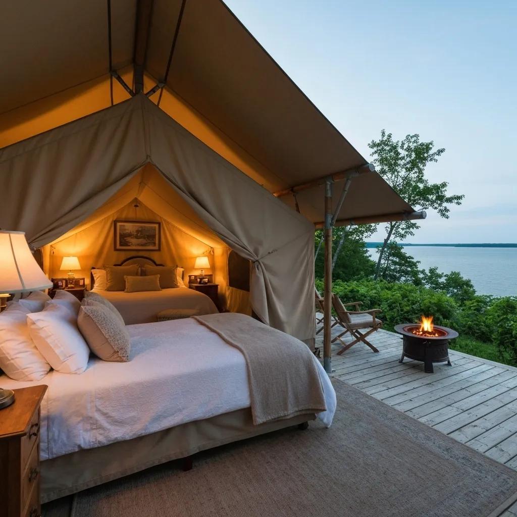 A luxurious glamping tent is set up in a beautiful Michigan landscape, offering scenic views.