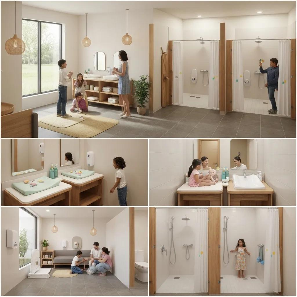 Family-friendly restroom amenities such as baby changing stations and private shower rooms