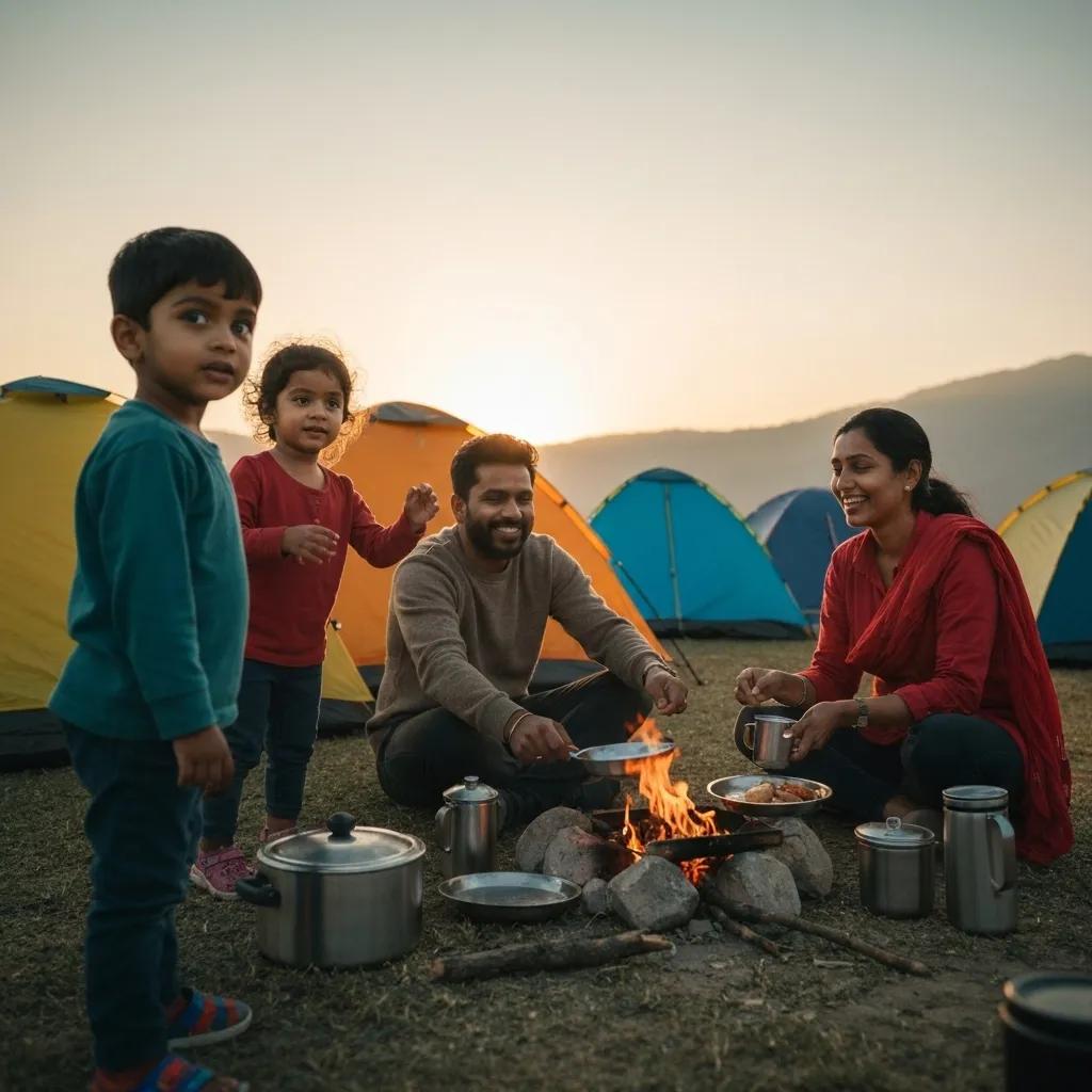Family setting up a tent in a lush campground, highlighting the joy of outdoor adventures