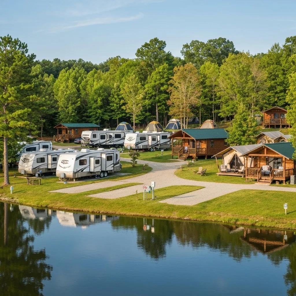 Diverse camping options at GatherGrounds Resorts including RVs, tents, cabins, and glamping