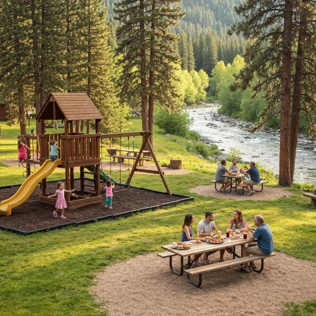 Families enjoying a day at Ridge Ranch Campground, with a playground and picnic area visible.