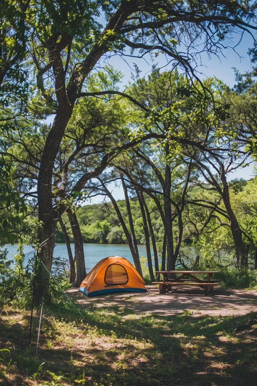 Diverse tent camping experiences at Ridge Ranch including primitive, electric, and waterfront sites
