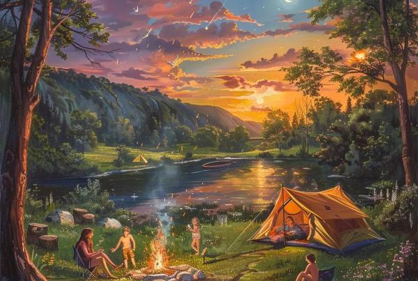 Family camping in a scenic Ohio campground with a tent and children playing