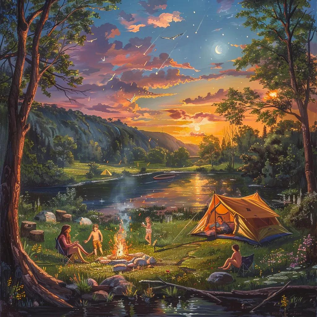 Family camping in a scenic Ohio campground with a tent and children playing