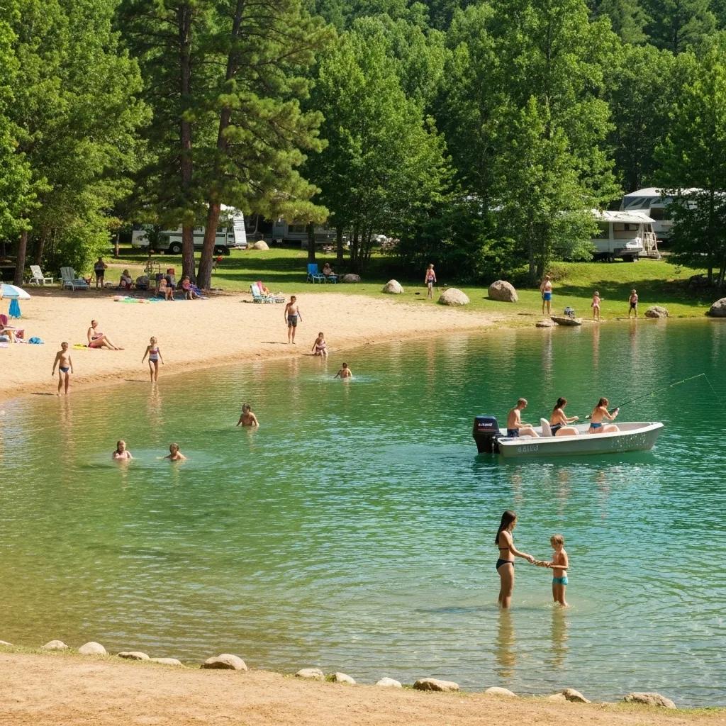 A family laughing while swimming and playing at Ridge Ranch's private lake